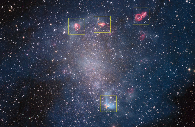 Stervormingsgebieden in het nabije sterrenstelsel NGC 6822 Credit: ESO, ALMA (ESO/NAOJ/NRAO)/A. Schruba, VLA (NRAO)/Y. Bagetakos/Little THINGS