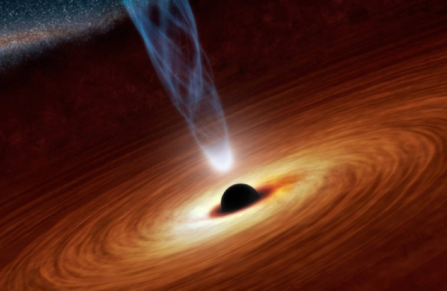 Een 'artist's impression' van een zwart gat dat gas verzamelt en een jet van hoog-energetische deeltjes produceert. Credit: NASA