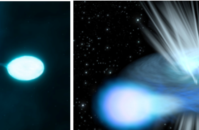 Een team van drie Nederlandse astronomen verklaart hoe twee zwarte gaten een tijd lang om elkaar heen kunnen draaien. Het begint bij twee grote sterren die om elkaar draaien (links). Als de grootste ster instort tot een zwart gat, kan de kleinere ster nog