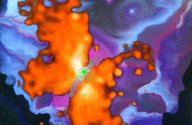 Een internationaal team van astronomen met Nederlanders in de hoofdrol ontdekte een raadselachtig stervormingsgebied in G35.20. Alleen in het zuidoostelijke deel bevat het stikstofhoudende moleculen. Hier een artistieke impressie van het heelal rond het s