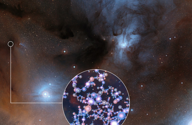 Deze afbeelding toont het spectaculaire stervormingsgebied waarin methylisocyanaat is aangetroffen. De inzet laat de moleculaire structuur van deze chemische verbinding zien. (c) ESO/Digitized Sky Survey 2/L. Calçada