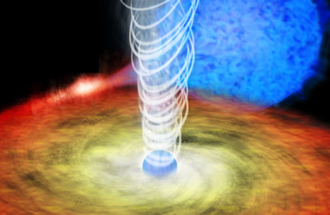 Artistieke impressie van een jet bij een neutronenster. De neutronenster trekt gas aan van de begeleidende ster op de achtergrond. Daarna cirkelt het gas naar de neutronenster toe. Vervolgens wordt het gas gelanceerd in een krachtige straal van plasma. (c