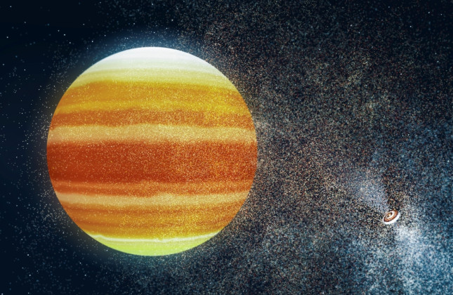 Artistieke impressie van een leefbare planeet (midden) bij een pulsar (rechts). De planeet moet een enorm dikke atmosfeer hebben die de dodelijke röntgenstralen en de hoge-energiedeeltjes van een pulsar omzet in warmte.
 (c) Institute of Astronomy, Univ