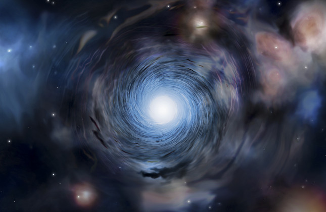 Artistieke impressie van de draaikolkstructuur in jonge sterrenstelsels in het vroege heelal die met de ALMA-telscoop zijn waargenomen. (c) Institute of Astronomy, Amanda Smith