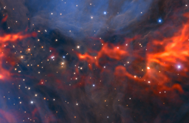 Een deel van de beroemde Orionnevel, een stervormingsgebied op ongeveer 1350 lichtjaar van de aarde. (c) ESO/H. Drass/ALMA (ESO/NAOJ/NRAO)/A. Hacar