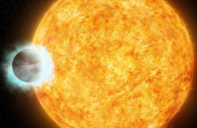 De grote exoplaneet WASP-18b staat op ruim 410 lichtjaar van de aarde en draait zeer dicht om zijn zon.
 (c) X-ray: NASA/CXC/SAO/I.Pillitteri et al; Optical: DSS; Illustration: NASA/CXC/M.Weiss