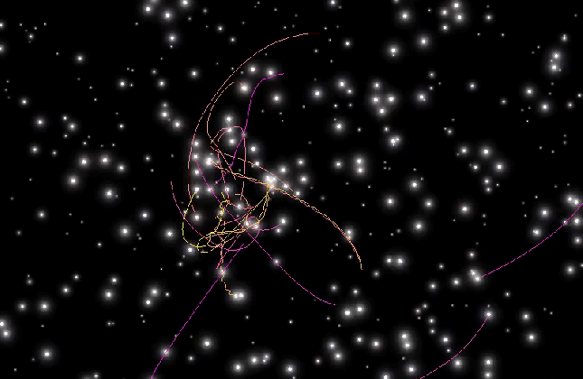 Op deze animatie (klik voor beweging) is te zien dat als veel sterren in elkaars buurt zijn, ze elkaar kunnen beïnvloeden en zelfs kunnen botsen. (c) Mark Gieles