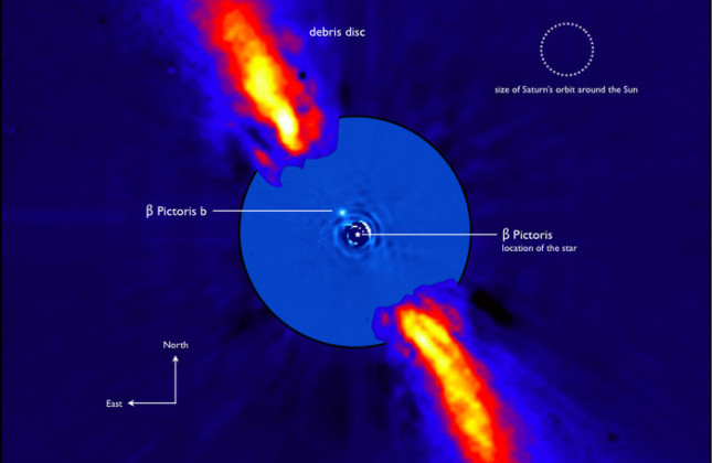 Planeet Beta Pictoris b is op deze afbeelding te zien naast zijn moederster. Het is een samengesteld beeld van ESO’s 3,6-meter telescoop en het NACO-instrument op ESO’s Very Large telescope in Chili.  Credit ESA/ESO