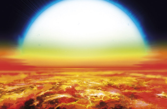 Artistieke impressie van een zonsondergang op planeet KELT-9b.  Credit: Denis Bajram.