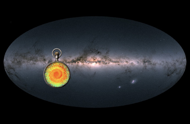 Artistieke weergave van de slakachtige structuur die wetenschappers ontdekte toen ze de data van de Gaia-missie analyseerden. (c) Surinye Olarte, ICCUB. Gaia sky in colours: ESA/Gaia/DPAC, A.Moitinho/A.F. Silva/M. Barros/C. Barata, University of Lisbon; H