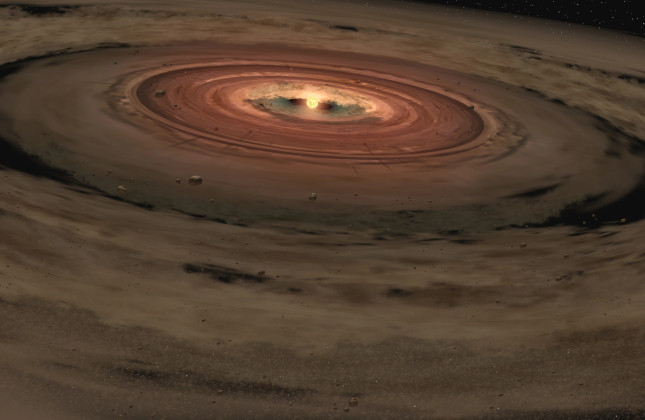 Artistieke weergave van een heel jonge ster met daaromheen een schijf van gas en stof. Wetenschappers vermoeden dat uit deze materialen rotsachtige planeten zoals de aarde worden gevormd. (c) NASA/JPL-Caltech 
