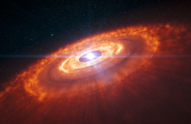 Artistieke weergave van een stofschijf rond een ster. De aarde is waarschijnlijk uit zo'n soort stofschijf ontstaan. (c) ESO/L. Calçada