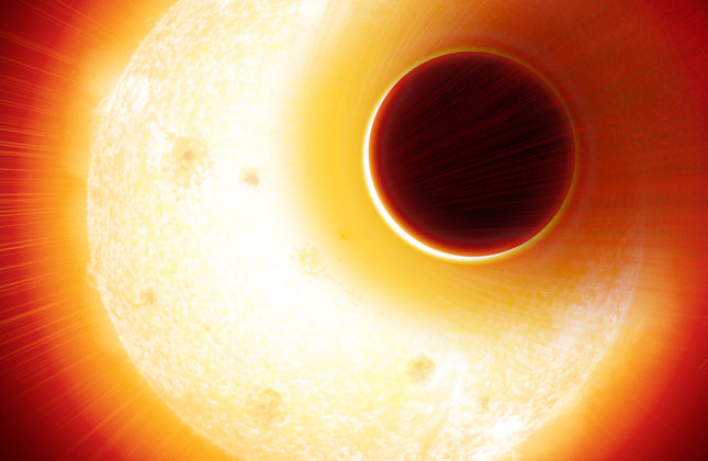 Artistieke impressie van de helium-halo rond exoplaneet HAT-P-11b.  Credit: Denis Bajram 