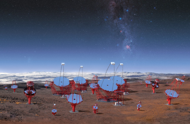 Artistieke weergave van de Cherenkov Telescope Array (CTA) in Chili. (c) CTA/M-A. Besel/IAC (G.P. Diaz)/ESO