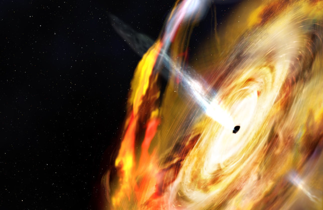 Illustratie van het nieuw ontdekte zwarte gat MAXI J1820+070. Het zwarte gat trekt materiaal van een begeleidende ster aan in een accretieschijf. Boven de schijf ligt een gebied met subatomaire deeltjes dat de corona wordt genoemd. Credit: Aurore Simonne