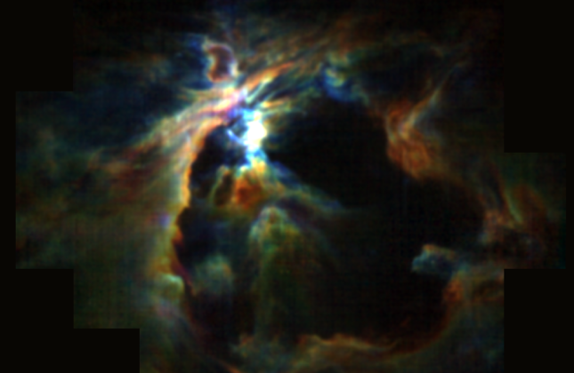 De krachtige wind van de pasgeboren ster in het hart van de Orionnevel creëert een bel en voorkomt daarmee dat nieuwe sterren in de buurt worden gevormd. Tegelijkertijd drukt de wind moleculair gas naar de randen, waar een dikke schil rond de bel wordt g