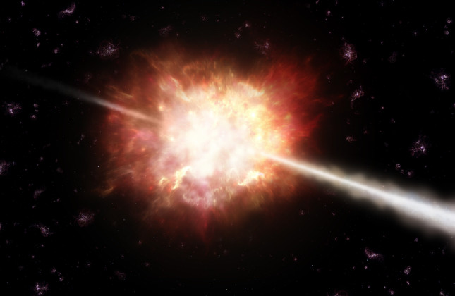Artistieke weergave van een exploderende ster met gammaflits.
 (c) ESO/A. Roquette