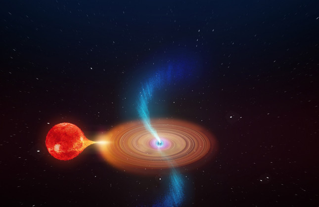 Artistieke impressie van de zwiepende jets uit het zwarte gat V404 Cygni. (c) ICRAR