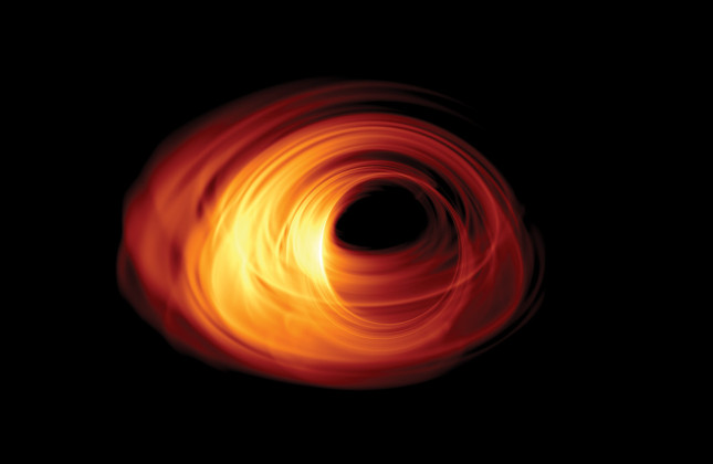Computersimulatie van een zwart gat dat materie aantrekt. De waarnemingshorizon bevindt zich in het midden van de afbeelding. Rond de schaduw van het zwarte gat is de omringende draaiende accretieschijf te zien. (c) Bronzwaer/Davelaar/Moscibrodzka/Falcke/