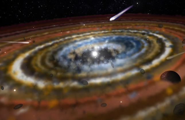 Artistieke impressie van de exokometen in het planetaire system rond de ster Bèta Pictoris. (c) Michaela Pink
