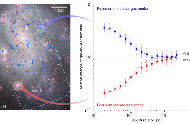 De afbeelding links laat zien dat de posities van moleculaire wolken (blauw) en de straling van jonge sterren (roze) niet overeenkomen op kleine schaal. De twee takken van de 'stemvork‘ rechts meten hoe sterk deze afwijking is en laten zien dat de wolke
