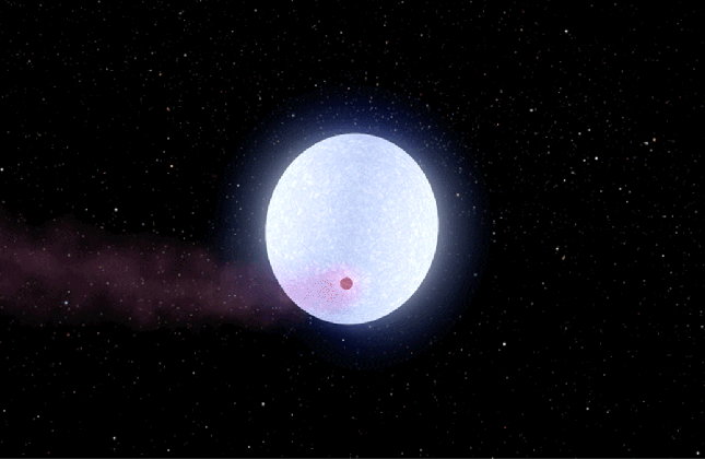 Artistieke impressie (klik voor beweging) van exoplaneet KELT-9b en de bijbehorende ster KELT-9. (c) NASA/JPL-Caltech