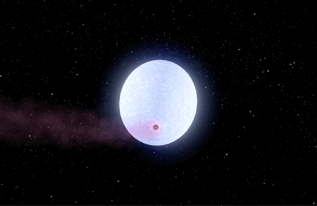 Artistieke impressie (klik voor beweging) van exoplaneet KELT-9b en de bijbehorende ster KELT-9. (c) NASA/JPL-Caltech