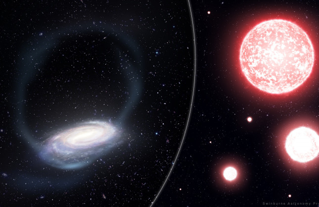 Artistieke impressie van de dunne stroom sterren afkomstig van de Phoenix-sterrenhoop (links). Rechts een impressie van de rode reuzensterren die zijn gebruikt om de chemische samenstelling van de bolhoop te meten. (C) James Josephide, Swinburne Astronomy