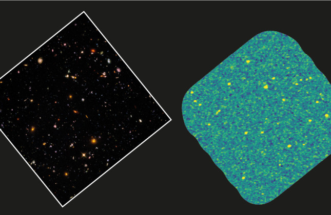 Afbeelding van het Hubble Ultra Deep Field door Hubble (links) en Alma (rechts). (c) STScI & ASPECS