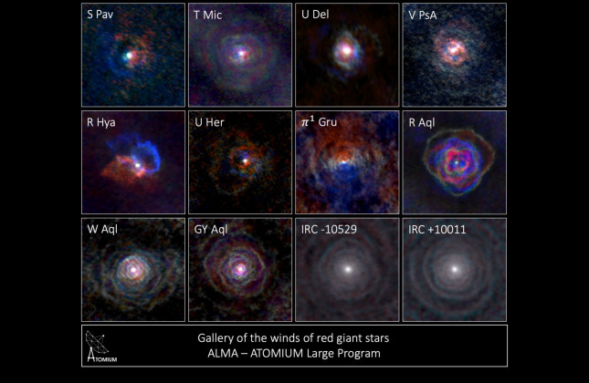 Twaalf verschillende sterren met verschillende vormen van de sterrenwinden. (c) ALMA / L. Decin et al.