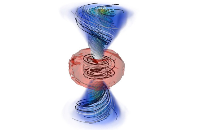 Een momentopname van de simulatie van twee botsende neutronensterren. In de grijze streng die door de rode ring loopt, ontstaat gammastraling. In de blauwe zandlopervorm wordt mogelijk goud gevormd. (c) Philipp Mösta et al.