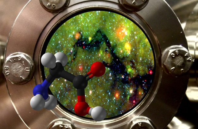 Samengesteld beeld van het molecuul glycine, donkere interstellaire wolken en een detail van de laboratoriumopstelling. (c) Harold Linnartz / Universiteit Leiden