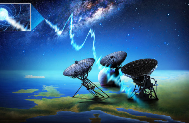 Artistieke weergave van de magnetar (linksboven) die op 24 mei twee snelle radioflitsen uitzond. De flitsen werden opgevangen door een telescoop van ASTRON in Westerbork. (c) Danielle Futselaar, artscource.nl