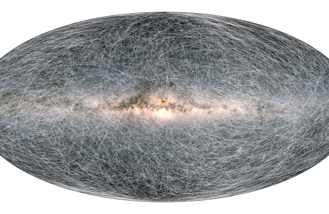 Deze afbeelding toont van 40.000 sterren in onze Melkweg hoe snel ze bewegen in 400.000 jaar. De afbeelding is gemaakt met gegevens van de Europese ruimtetelescoop Gaia. (c) ESA/Gaia/DPAC [CC BY-SA 3.0 IGO]