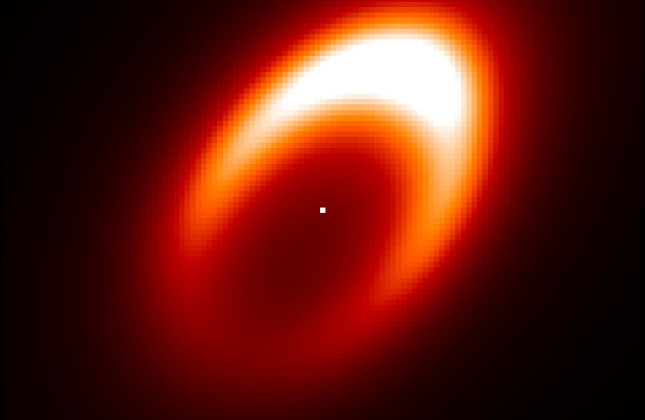 Een schematische weergave van de wervelwind rondom de mogelijke exoplaneet-in-wording rond de ster HD 163296 . De felgele vlek rechtsboven duidt op een gebied met warm stof en gruis waar waarschijnlijk een planeet gevormd wordt. (c) J. Varga et al.