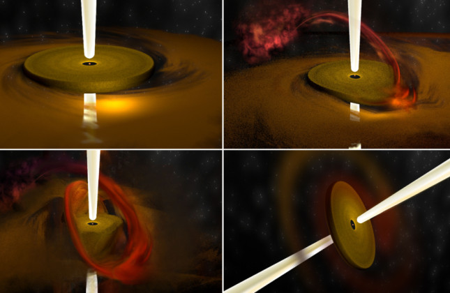 Artistieke weergave van de 4 stappen waarop een stofschijf een zware ster een puinhoop kan worden. (c) Bill Saxton, NRAO/AUI/NSF 