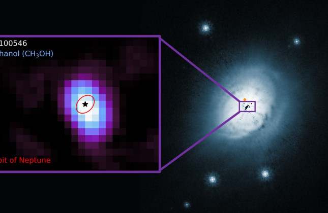 Samengestelde afbeelding van de ster HD100546 (rechts) met het methanolreservoir (links) in het warme gedeelte van de protoplanetaire schijf. (c) ALMA/Booth et al. & ESO/NASA/ESA/Ardila et al.