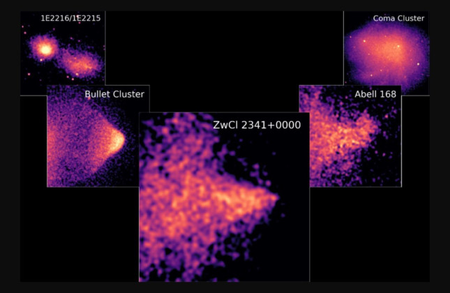 De scherpe kegel in het midden wordt geflankeerd door de stompe vorm (links) en de tongvorm (rechts). (c) NASA/CXC