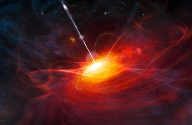 Artistieke impressie van de verre quasar ULAS J1120+0641. Credit: ESO/M. Kornmesser