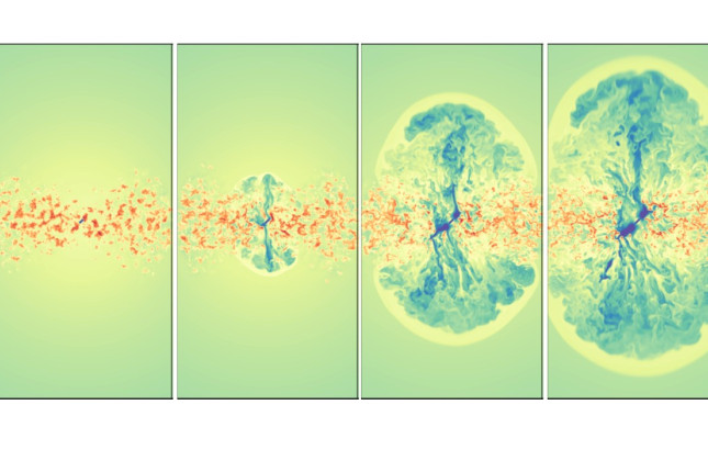 Four-step simulation of a black hole with a low energy radio jet that clears the centre of a galaxy like a leaf blower. There are 200,000 years between each image. (c) Mukherjee et al.