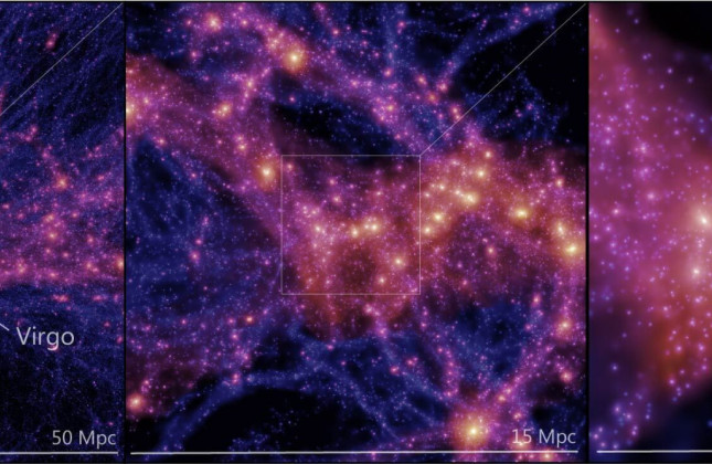 In het centrum van de simulatie (en van ons eigen heelal) bevinden zich de Melkweg en het nabije Andromedastelsel (ook bekend als M31). Credit: Dr. Stuart McAlpine