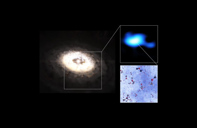 artist’s impression van de planeet-vormende schijf rond de ster IRS 48, tevens bekend als Oph-IRS 48.  Credit: ESO/L. Calçada, ALMA (ESO/NAOJ/NRAO)/A. Pohl, van der Marel et al., Brunken et al.