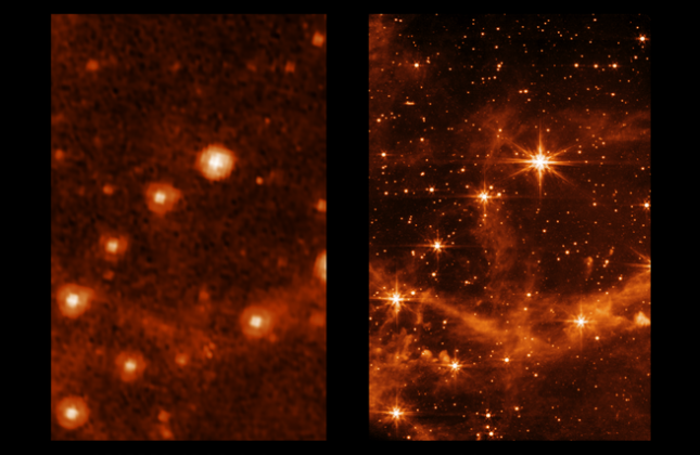 Spitzer (links) versus Webb (rechts). Klik voor groter. (c) JWST