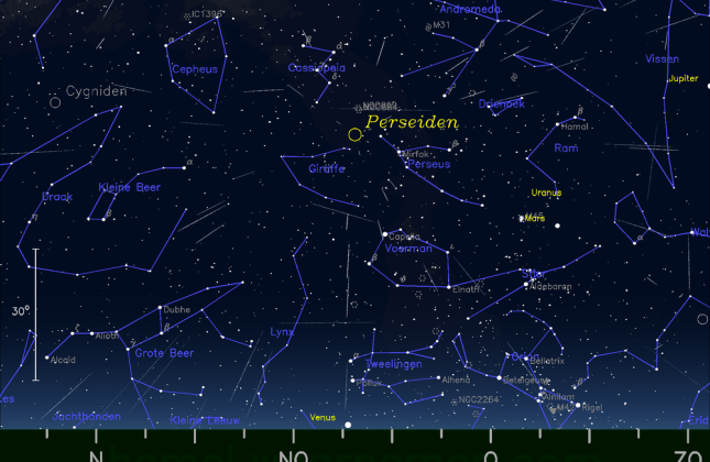 De Perseïden zijn dit jaar minder goed te zien omdat de volle maan roet in het eten gooit. (c) hemel.waarnemen.com