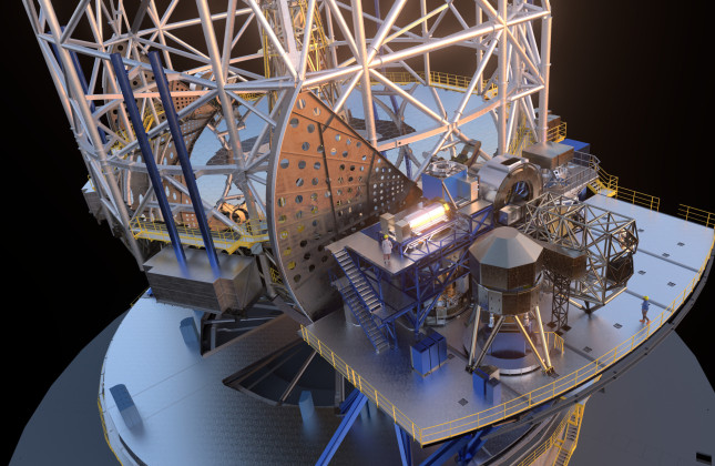 Artistieke impressie van ESO’s Extremely Large Telescope (ELT). Te zien is de telescoopstructuur en een van de platforms waarop de wetenschappelijke instrumenten geplaatst worden. Credit: ESO/L. Calçada