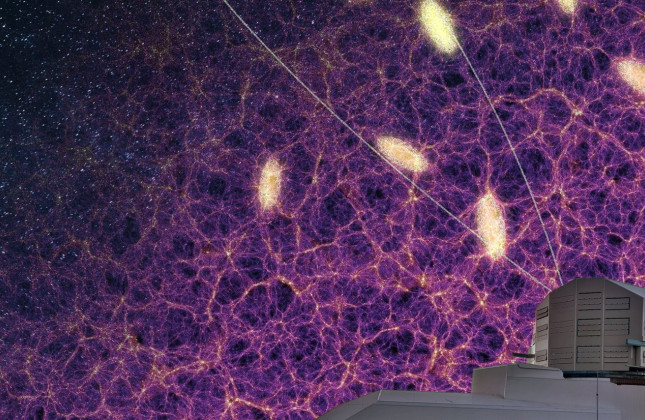 Een uit drie delen samengestelde foto. Rechtsonder het Vera C. Rubin Observatory. (c) NOIRLab/NSF/AURA. Rechts: artistieke weergave van de verdeling van donkere materie. (c) MPA/Springel et al. Links: een stuk sterrenhemel: (c) Patrick Fore