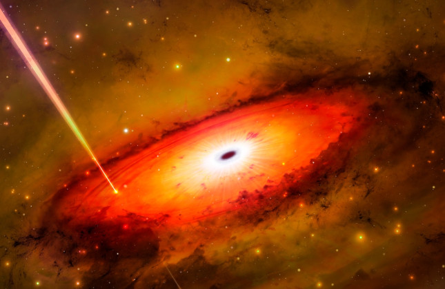 Een artistieke weergave van een langdurige uitbarsting van gammastraling in de buurt van het centrum van een oud sterrenstelsel. (c) International Gemini Observatory/NOIRLab/NSF/AURA/M. Garlick/M. Zamani
