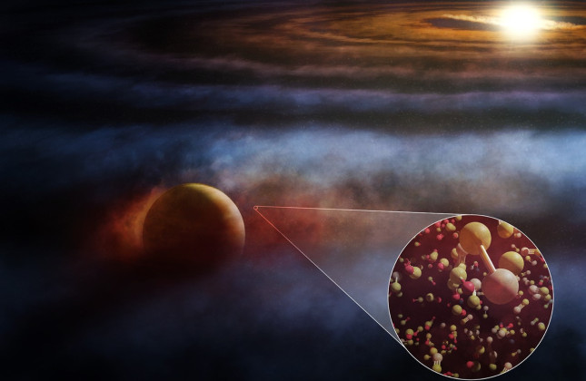 Artistieke weergave van een jupiterachtige protoplaneet (links) die rond zijn ster draait en gas verhit waardoor silisiummonosulfide ontstaat. (c) ALMA (ESO/NAOJ/NRAO), M. Weiss (NRAO/AUI/NSF)
