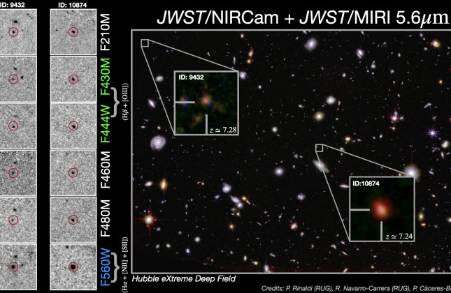 JWST image of the Hubble eXtreme Deep Field (XDF) showing a zoom-in for two of the galaxies from the Epoch of Reionisation.  The brightness of the two small images on the bottom left  is produced by the H-alpha emission line. 