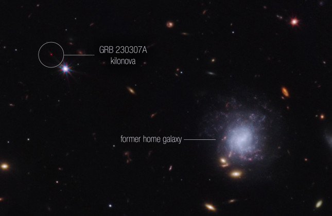 Afbeelding gemaakt met de James Webb-ruimtetelescoop van de heldere gammaflits GRB230307A. (c) NASA, ESA, CSA, Andrew Levan